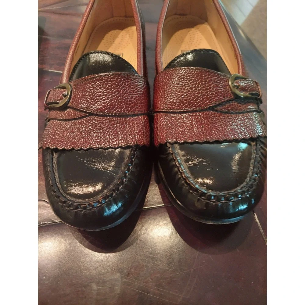 Cole Haan Vintage Mens 9.5 D Black Burgundy Kiltie‎ Monk Strap Loafers Leather